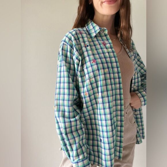 Vintage Plaid Floral Embroidered Button Down Long Sleeve Top Size Large - Picture 3 of 15